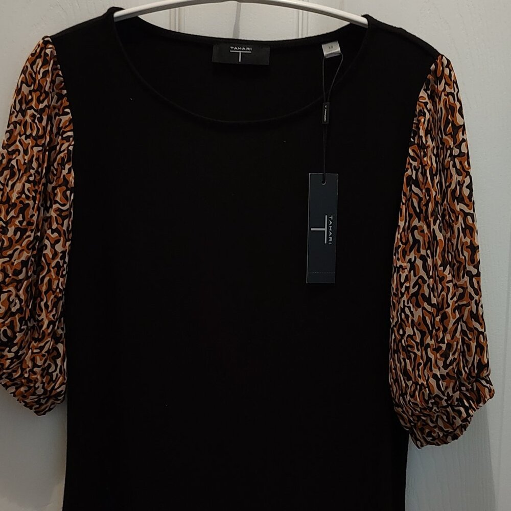 TAHARI KNITTED SOLID BLACK TOP ANIMAL PRINT SHEER PUFF ELBOW LENGTH SLEEVES XS